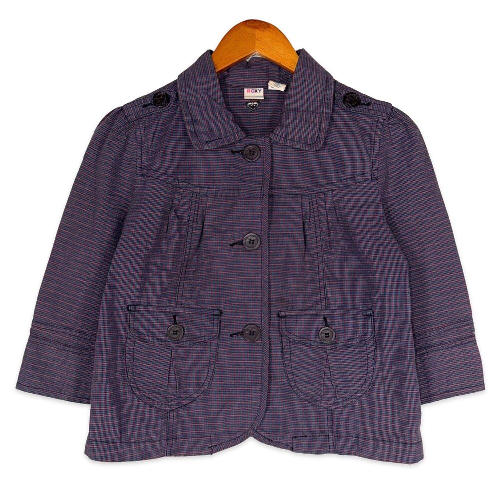 Roxy Plaid Jacket Cropped Button Front Y2K Lightweight Preppy Utility Indie S